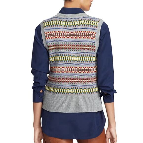 Polo Ralph Lauren Sweater Vest Fair Isle Cashmere Silk Top Coat Preppy Runway XS - Picture 3 of 13